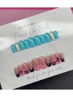Short square and medium square press on nails spring pink black teal silver